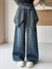 Pantalones de Mezclilla de Pierna Ancha con Parches a Cuadros para Niñas, Pantalones Largos Casuales Sueltos de Primavera y Otoño, Estilo de Moda Tendencia para Niñas Mayores