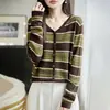 Suéter de Punto con Rayas de Bloques de Color Retro Francés para Mujer Otoño Invierno Cuello Redondo Capa Base Holgado Versátil Casual Suéter