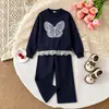 Conjunto de Dos Piezas para Niñas de Primavera y Otoño Europeo y Americano con Adorno de Encaje de Mariposa Sudadera + Pantalón de Chándal Cómodo en Stock