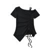 Camiseta de Manga Corta con Cordón en el Hombro Puro para Mujer Verano 2025 Nuevo Estilo Spice Girl Cuello Irregular Cuello Inclinado Top Corto
