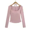 Camiseta Básica de Manga Larga con Cuello Halter de Dos Piezas Falsas de Nuevo Estilo Otoñal con Almohadillas en el Pecho Camiseta Casual Estilo Europeo y Americano Ins