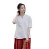 Roupas Femininas de Algodão e Linho 26 Verão Artístico Decote V Fino Frente Curta Costas Longas Casual Fluido Top Camisa Camiseta Feminina de Manga Curta de Algodão e Linho