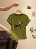 Yin He Camiseta de Manga Corta con Cuello Redondo y Estampado de Cachorro Negro Estilo Americano para Mujer Verano Nuevo Top Adelgazante para Petites