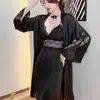 Pijama de verano para mujer de seda helada, conjunto de dos piezas de camisola con mangas largas fina, ropa de casa sexy de encaje para primavera y otoño