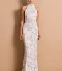 Vestido de encaje de cuello halter y cuello alto estilo europeo y americano, sin espalda, corte ajustado, bodycon, vestido largo de cola de pez, vestido de fiesta de varios colores