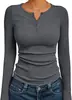 Amazon Moda Feminina Manga Longa Outono 2025 Slim Fit Gola Henley Costurado Moda Básica Camiseta