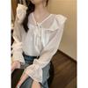 Foto Real Estilo Coreano Suave Solto Cadarço Camisa Top Feminino Design Decote V Retrô Manga Longa Camisa Primavera 47453