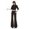 Jeans Elásticos de Tiro Alto Color Café con Microbota para Mujer 2026 Otoño Nueva Llegada Corte Delgado Modernos Sencillos Versátiles Acampanados