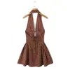 Moda Femenina Nueva Estilo Europeo y Americano Primavera y Verano Sexy Chica Caliente Escote Profundo Halter con Lunares Flock