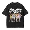 Camiseta de Algodão Lavado Katseye da Moda para Homens e Mulheres, Manga Curta de Verão Gola Redonda Camiseta de Algodão Solta Streetwear