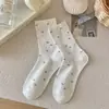 Meias de Cano Médio com Laço Estilo Ins para Mulheres, Meias Maternidade Frescas Florais Xadrez para Primavera e Verão, Meias Femininas Respiráveis de Algodão Puro