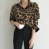 Camisa feminina casual chic coreana de outono retrô com estampa de leopardo, gola virada, de abotoamento simples, solta, de manga longa
