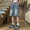 Shorts Jeans Finos de Verão 2026 Estilo Hong Kong Cintura Elástica para Homens, Rasgado Solto de Perna Reta Tendência Marca Comprimento do Joelho