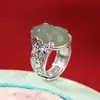 Yuebao Joyería Jade Hetian Natural Plata Pura 999 Jade Verde Calabaza Moneda de Cobre Estilo Chino Anillo Ancho Ajustable