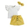 Exportación Europea y Americana Especialmente Diseñado para Bebés y Niños Pequeños de Primavera y Verano, Conjunto de Tres Piezas con Tops de Mangas Cortas de Color Sólido, Faldas Cortas y Accesorios para la Cabeza