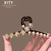 Pinza de Tiburón Grande Clásica y Elegante de Perlas y Pedrería Color Champán, Moderna y Versátil para Cabello Grueso, Pinza para el Cabello de Cobertura Total