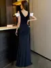 Vestido largo ajustado que realza la figura, con escote en V Bardot, ribete de volantes y abertura, elegante vestido de noche para mujer, estilo verano