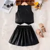 Conjunto de Dos Piezas para Niña de Cuero PU con Chaleco y Falda Plisada, Ropa Negra de Primavera y Otoño con Cuello en V y Botones