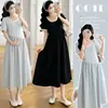 Vestido de Verão para Gestante com Renda, Gola Redonda, Cintura com Cordão, Emagrecimento, Estilo Longo, Caimento Solto, Tamanho Grande, Cobre a Barriga, Versátil