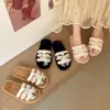 Chinelos planos de algodão felpudo com biqueira aberta, chinelos com laço para meninas, para uso doméstico, chinelos pretos de pelúcia para interior