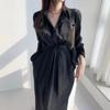 Vestido Camisero Coreano de Color Puro con Cuello Mao Estilo Coreano con Cordones Elegante para la Cintura 2024 Primavera Nuevo Sobre la Rodilla