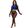 X5561 Moda Europea y Americana Nuevo Conjunto de Dos Piezas para Mujer Sexy con Combinación de Colores, Top Corto de Manga Larga con Malla y Pantalones de Pedrería
