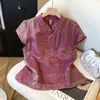 Roupas de Verão Novo Estilo para Mães, Blusa Jacquard Cintilante, Top Elegante Novo Estilo Chinês de Manga Curta para Mulheres de Meia-Idade