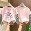 Blusa de algodão puro para meninas, nova coleção outono 2026, camiseta infantil de manga comprida bonita e estilosa, visual em camadas