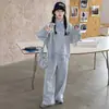Conjunto de Otoño para Niña: Conjunto de sudadera con cuello de camisa estilo coreano, retazos, pantalón ancho de dos piezas, atuendo casual deportivo moderno para niños mayores