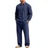 Conjunto de camisa de lino de manga larga simple para hombre, informal, para casa, para ir al trabajo, para vacaciones, estilo europeo y americano, transfronterizo, otoño, corte holgado, venta al por mayor