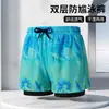 Calção de natação masculino de camada dupla anti-constrangimento, novo shorts de praia solto elástico de secagem rápida respirável para esportes ao ar livre e corrida