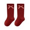 Meias de Bebê Outono Novo Estilo Laço de Renda Vermelho Meias Princesa para Meninas, Crianças Pequenas e Bebês, Meias Vermelhas Brilhantes de Ano Novo