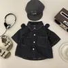Camisa de Verano para Bebé Niño de Mezclilla Negra de Manga Corta con Orejas 3D, Cuello Campana para Bebé de Corte Holgado Versátil Moderna Fresca