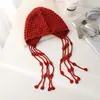 Gorro de Punto Tejido a Mano Estilo Retro con Flores Caladas para Mujer Otoño Borla de Perlas Gorro de Punto Delgado Estilo Étnico