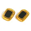 Moda Europea y Americana Elegantes Pendientes Retro Franceses de Gama Alta Acero Inoxidable Chapado en Oro de 18K Pendientes con Montura de Ónice Negro para Mujer