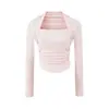 Camiseta Manga Longa Feminina Pure Desire Spicy Girl Decote Quadrado Falsa Dupla Peça Nova Estilo Primavera/Outono Slimming Curta Cropped Franzida Camada Base