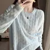Tricô de Lã Penteada Feminino com Ombros Caídos e Textura Torcida, Solto, Relaxado e Sexy para Roupa Externa