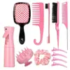 Set de Peines para Peluquería, Peine de Cola Puntiaguda, Peine de Cola de Rata, Cepillo para Bordes, Cepillo para Champú, Botella con Atomizador, Pinza para el Cabello, Goma para el Cabello, Peine de Dientes Anchos
