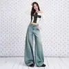 Calça jeans feminina azul escuro de linho com design em relevo prateado, novidade outono/inverno 2026 cintura alta vintage modelagem solta perna curva de algodão