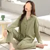 Pijama Feminino Quatro Estações Primavera e Outono 2024 Novo Manga Longa Malha Fina Roupa de Casa Cardigã Conjunto de Duas Peças