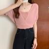 Camiseta de Manga Corta Falsa de Dos Piezas Verano Nuevo Seda de Hielo Corta Tejida Fresca Pequeña Diseño Popular Top Astuto para Mujer