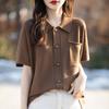 Primavera/Verano 2024 Nueva Blusa Cárdigan Tejida de Lana Merina Superfina de Solapa de Color Sólido Manga Corta Simple Combina con Todo