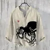 Nueva Camisa Estampado Vida Marina Estilo Chino AliExpress Comercio Exterior Top para Hombre Cuello en V Manga Corta 3 Botones