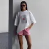 Camiseta Top de Algodão Puro com Gola Redonda Solta Estilo Europeu e Americano Verão 2025 Nova Estampa de Cartas de Poker Manga Curta