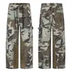 Pantalones cargo estilo americano camuflaje urbano 11KN para hombre y mujer, corte holgado, desgastados, con cordón, patchwork, estampado de leopardo, pantalones rectos de pierna ancha de moda