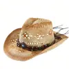 Sombrero Vaquero Occidental Retro Europeo y Americano para Mujer, Sombrero de Sol Calado con Cuentas, Sombrero de Paja Estilo Étnico que Hace que la Cara Parezca Más Pequeña