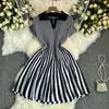 Comércio Exterior Francês Cor Contrastante Retrô Gola Lapela Manga Curta Listrado Vestido de Tricô Feminino Cintura Apertada Elegante Slim Linha A Saia Curta