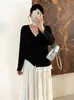 Cárdigan de punto para mujer talla grande con escote en V y ribete de encaje, colección otoño 2026, diseñado para mujeres con curvas, con un aspecto suave y juvenil, con detalles de patchwork