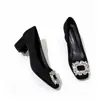 En stock~Punta cuadrada Hebilla cuadrada de pedrería Tacón grueso Zapatos de vestir Mujer Ante negro Boca poco profunda Tacones altos Banquete Viaje Diario Zapatos de mujer