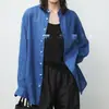 Camisa Feminina Old Money de Férias Lavada com Efeito Amassado de Cânhamo com Gola Alta e Gola Torcida, Modelagem Solta, Gola Reversível